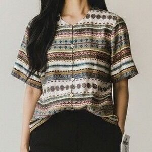 NWT Vintage Lady Carol‎ of New York Blouse Women 10 Brown Office Workwear Button